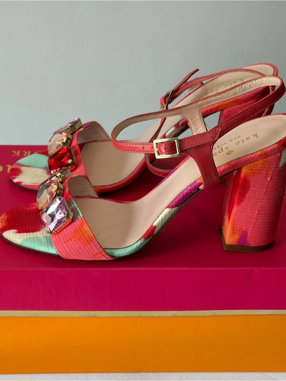 kate spade Pink Multicolor Jewel-Embellished Block Heel Sandals